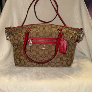 Coach Tan and Red Signature Shoulder Bag